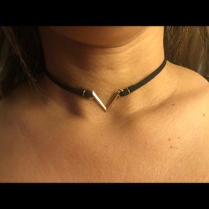V shaped choker necklace black band gold